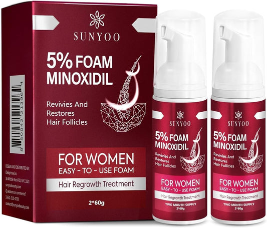 Women's 5% Minoxidil Foam for Hair Thinning and Hair Loss, Hair Growth Treatment for Women's Thicker and Fuller Hair, 2 Pack of 60g, Red