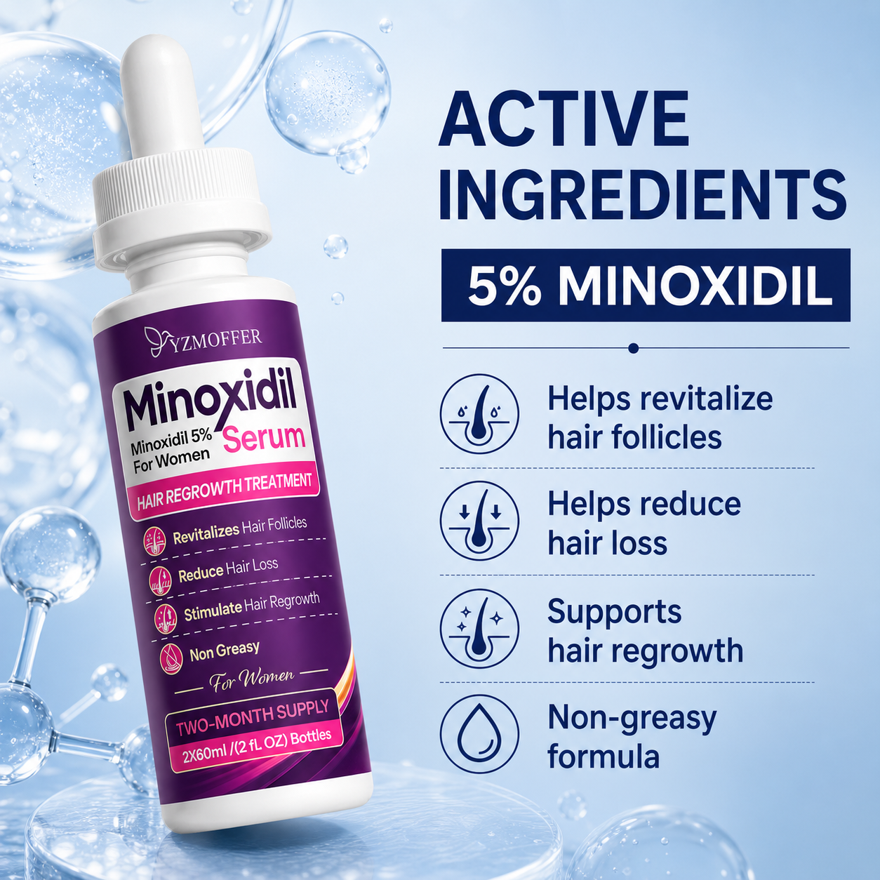 Minoxidil 5% Hair Regrowth Treatment for Women, Topical Serum Drops for Thinning Hair, Revitalizes Hair Follicles, Reduces Hair Loss, Non-Greasy Liquid Formula, 2-Month Supply - Image 5