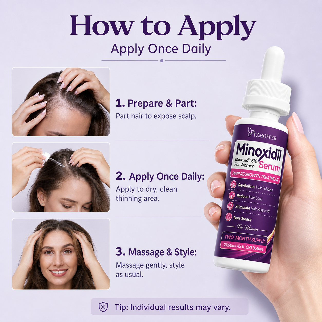 Minoxidil 5% Hair Regrowth Treatment for Women, Topical Serum Drops for Thinning Hair, Revitalizes Hair Follicles, Reduces Hair Loss, Non-Greasy Liquid Formula, 2-Month Supply - Image 6